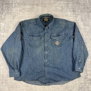 Harley Davidson Shirt Men 2XL Blue Denim Vtg Y2K Embroidered Long Sleeve Flames